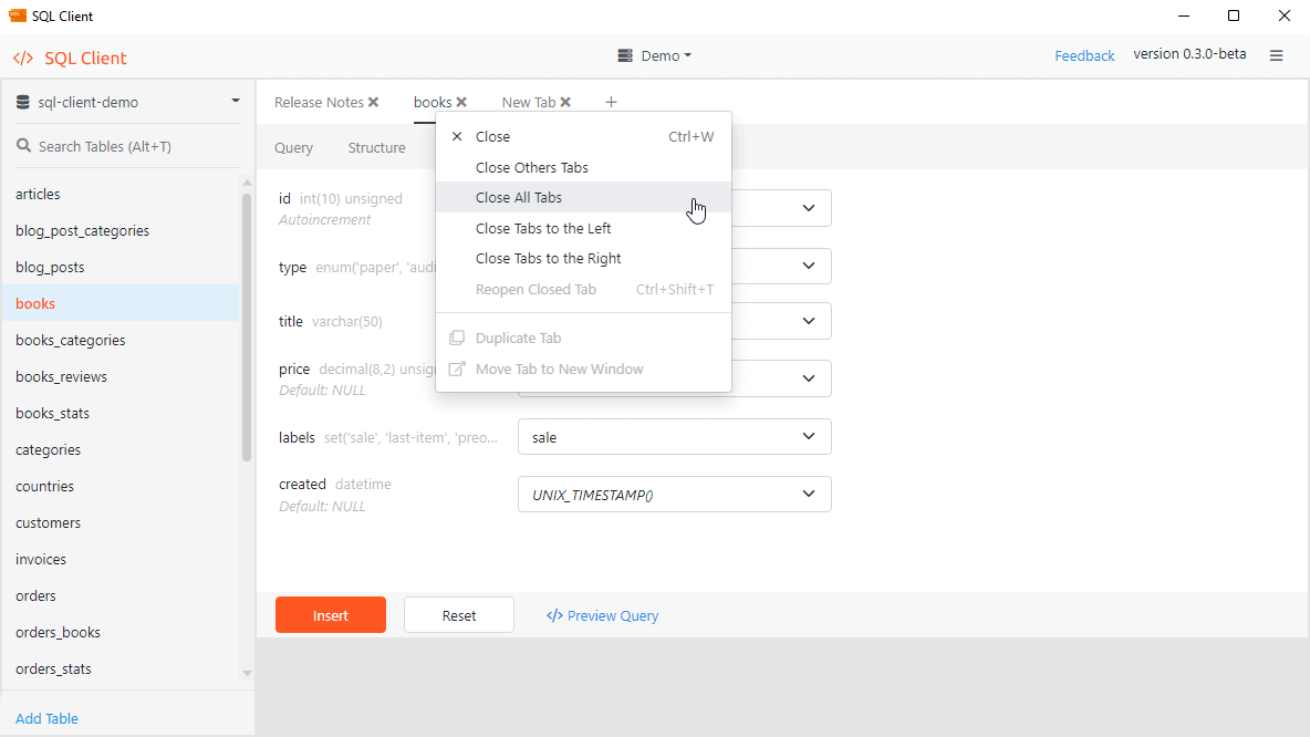 Windows MySQL Client - Tabs