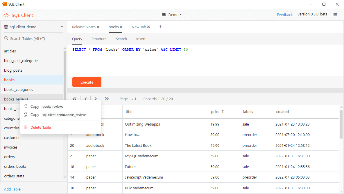 Linux MySQL Client - Tables