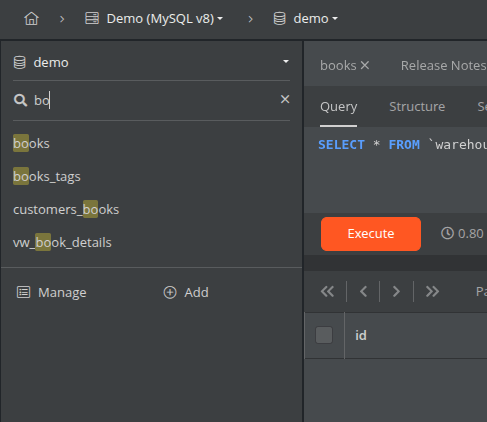 Searching tables in Astoria SQL Client