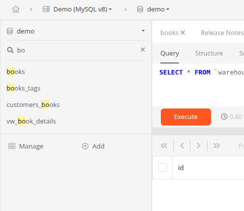Searching tables in Astoria SQL Client