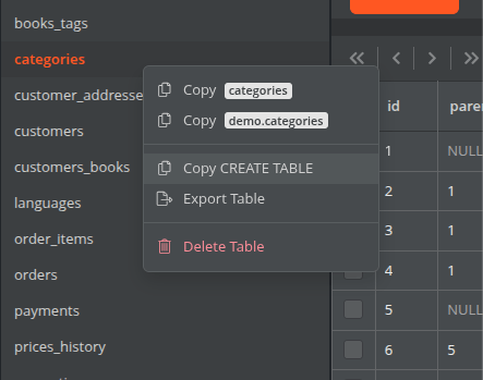 Context menu for copying a value or generating an INSERT query