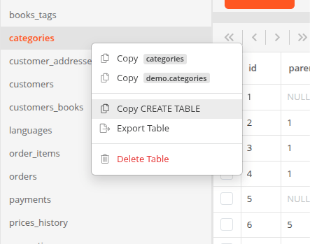 Context menu for copying a value or generating an INSERT query