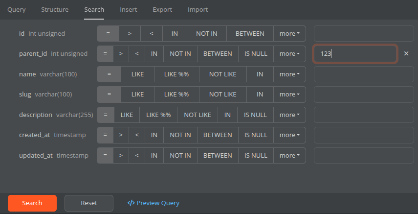 Visual MySQL data filters