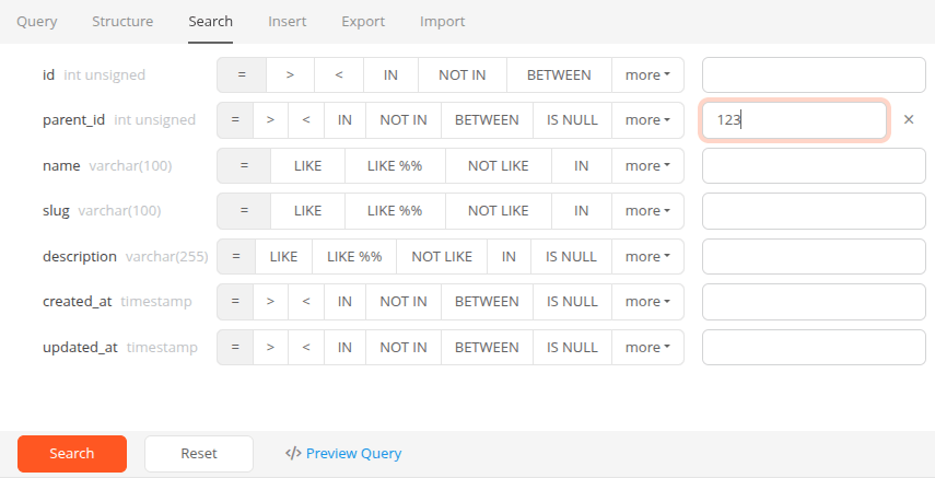 Visual MySQL data filters