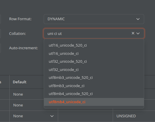 Choosing a MySQL collation in Astoria SQL Client