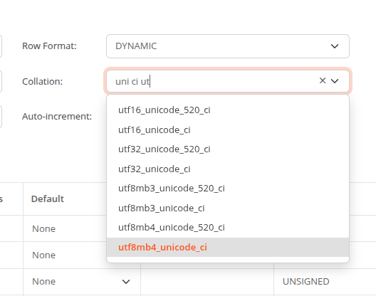 Choosing a MySQL collation in Astoria SQL Client
