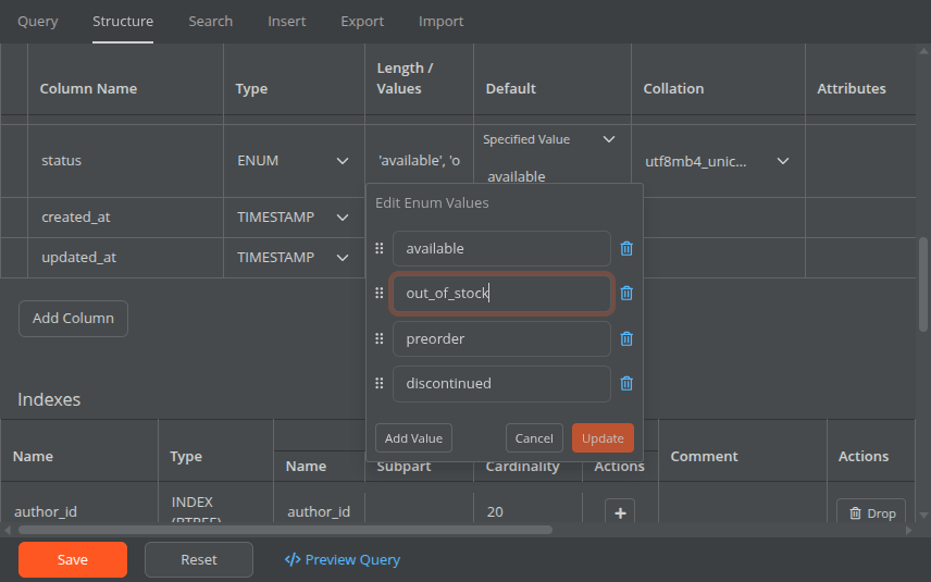 Editing a MySQL table structure in Astoria SQL Client