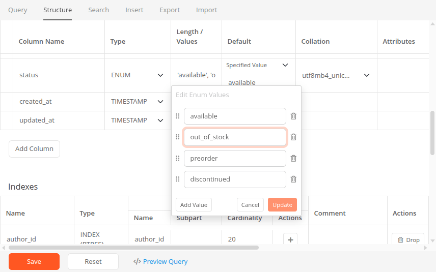 Editing a MySQL table structure in Astoria SQL Client