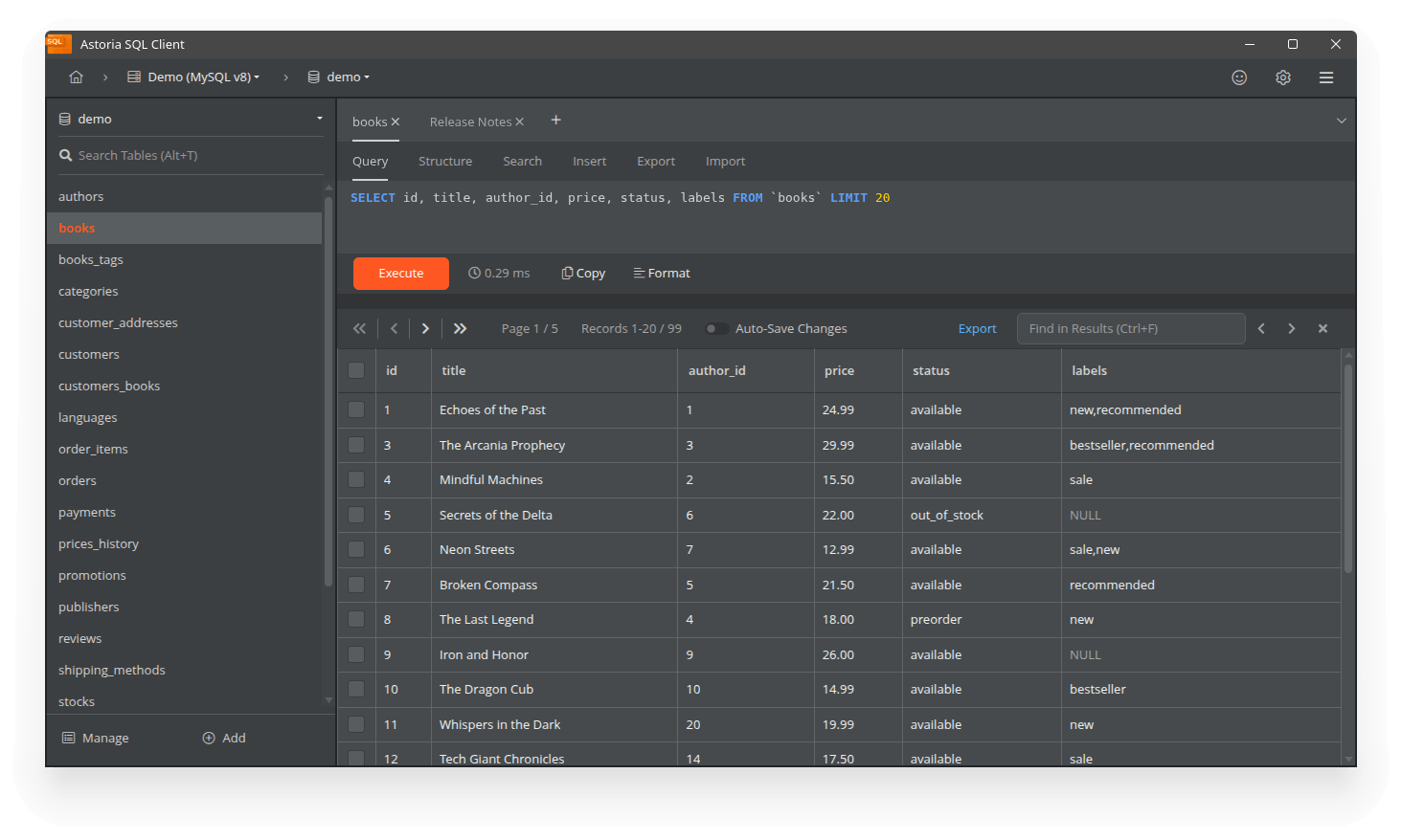 Astoria SQL Client query editor and results grid