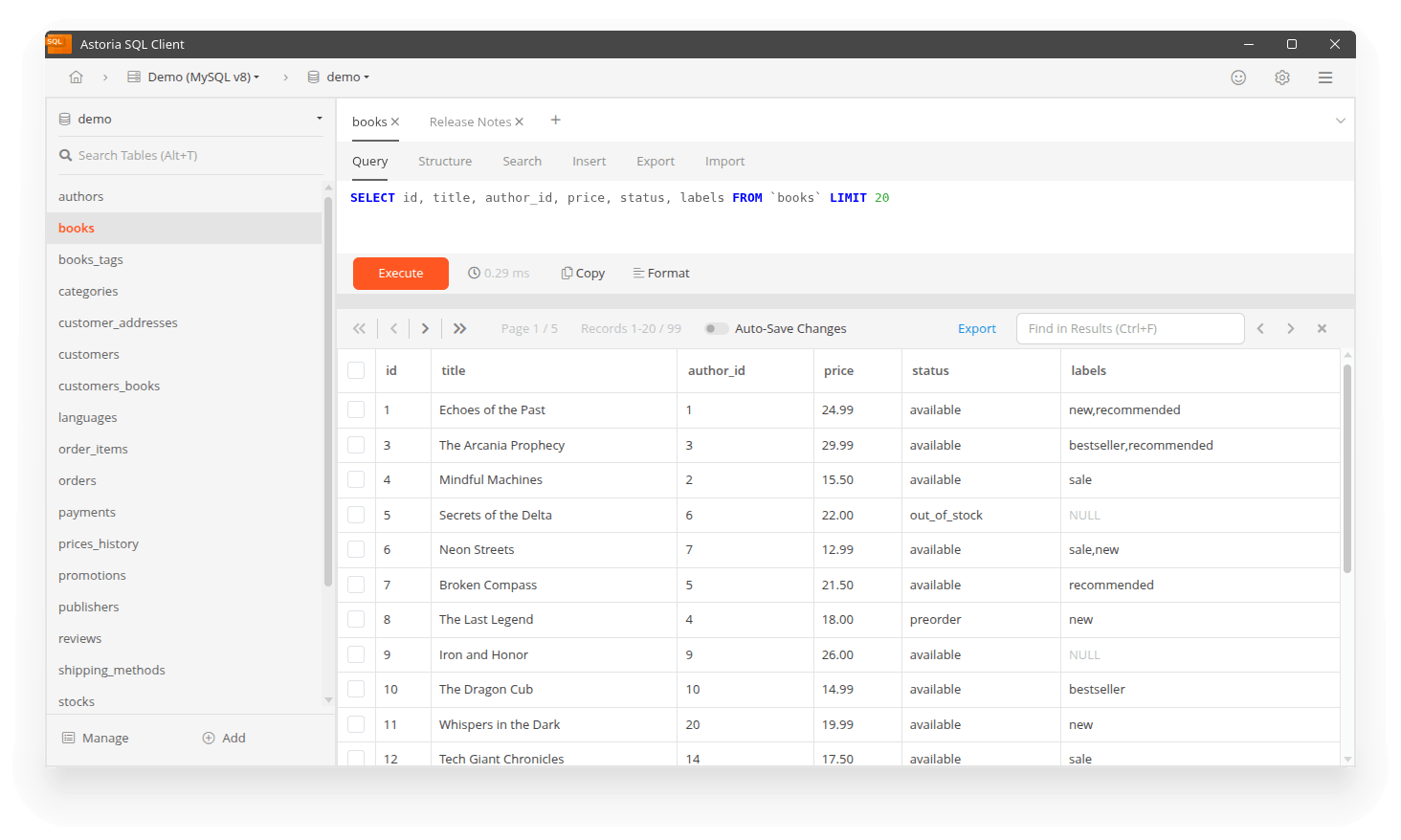 Astoria SQL Client query editor and results grid